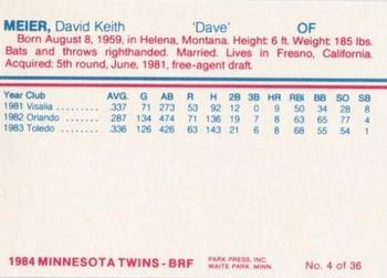 1984 Minnesota Twins #4 Dave Meier Back