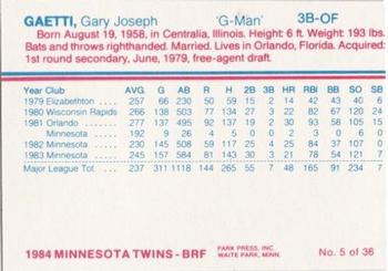 1984 Minnesota Twins #5 Gary Gaetti Back