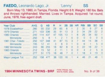 1984 Minnesota Twins #9 Lenny Faedo Back