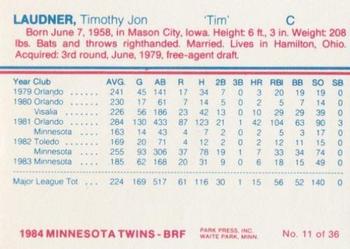 1984 Minnesota Twins #11 Tim Laudner Back