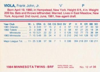 1984 Minnesota Twins #12 Frank Viola Back