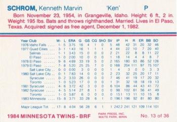 1984 Minnesota Twins #13 Ken Schrom Back
