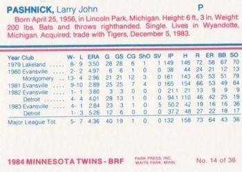 1984 Minnesota Twins #14 Larry Pashnick Back