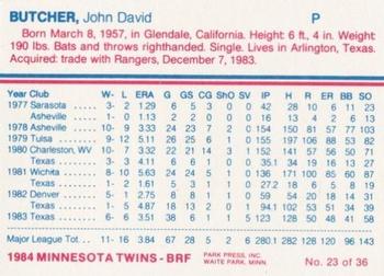 1984 Minnesota Twins #23 John Butcher Back