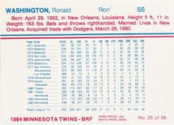 1984 Minnesota Twins #25 Ron Washington Back