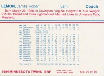 1984 Minnesota Twins #30 Jim Lemon Back