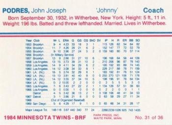 1984 Minnesota Twins #31 Johnny Podres Back