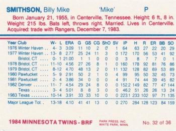 1984 Minnesota Twins #32 Mike Smithson Back