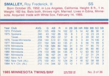 1985 BRF Minnesota Twins #2 Roy Smalley Back
