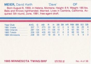 1985 BRF Minnesota Twins #4 Dave Meier Back