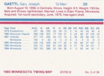 1985 BRF Minnesota Twins #5 Gary Gaetti Back