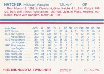 1985 BRF Minnesota Twins #6 Mickey Hatcher Back
