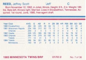 1985 BRF Minnesota Twins #7 Jeff Reed Back