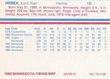 1985 BRF Minnesota Twins #10 Kent Hrbek Back