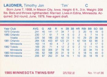 1985 BRF Minnesota Twins #11 Tim Laudner Back