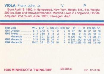 1985 BRF Minnesota Twins #12 Frank Viola Back