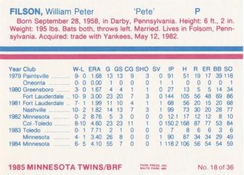 1985 BRF Minnesota Twins #18 Pete Filson Back
