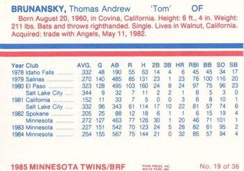 1985 BRF Minnesota Twins #19 Tom Brunansky Back