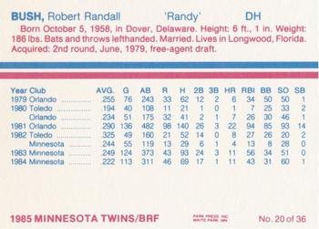 1985 BRF Minnesota Twins #20 Randy Bush Back