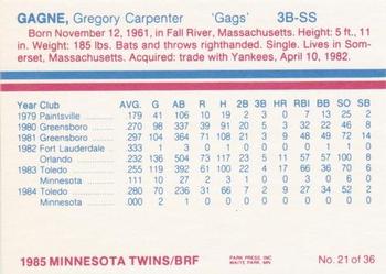 1985 BRF Minnesota Twins #21 Greg Gagne Back