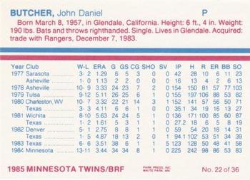 1985 BRF Minnesota Twins #22 John Butcher Back