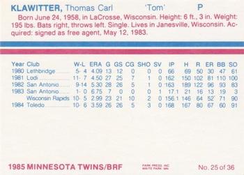 1985 BRF Minnesota Twins #25 Tom Klawitter Back