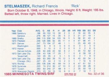 1985 BRF Minnesota Twins #32 Rick Stelmaszek Back