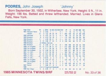 1985 BRF Minnesota Twins #33 Johnny Podres Back