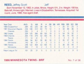 1986 Minnesota Twins #7 Jeff Reed Back