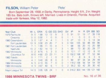 1986 Minnesota Twins #16 Pete Filson Back