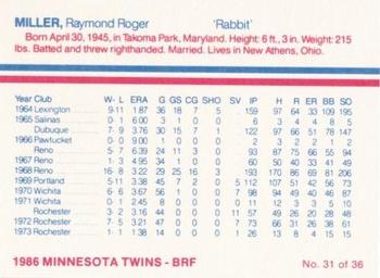 1986 Minnesota Twins #31 Ray Miller Back