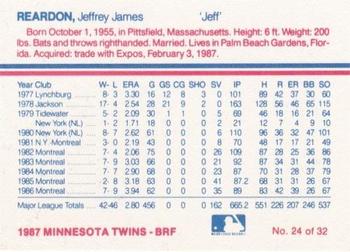 1987 Minnesota Twins #24 Jeff Reardon Back