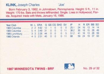 1987 Minnesota Twins #29 Joe Klink Back