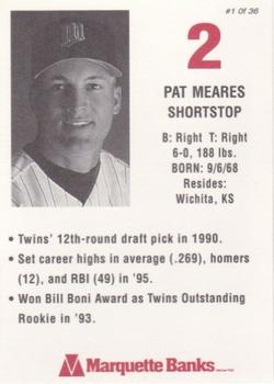 1996 Marquette Bank Minnesota Twins #1 Pat Meares Back