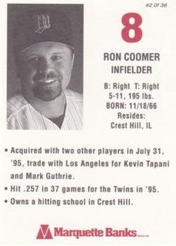 1996 Marquette Bank Minnesota Twins #2 Ron Coomer Back