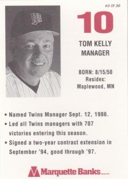 1996 Marquette Bank Minnesota Twins #3 Tom Kelly Back