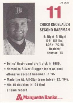 1996 Marquette Bank Minnesota Twins #4 Chuck Knoblauch Back
