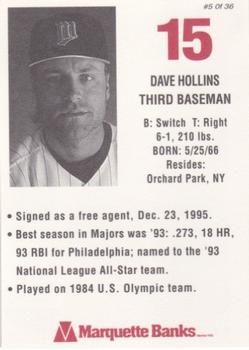 1996 Marquette Bank Minnesota Twins #5 Dave Hollins Back