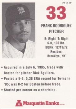 1996 Marquette Bank Minnesota Twins #8 Frank Rodriguez Back