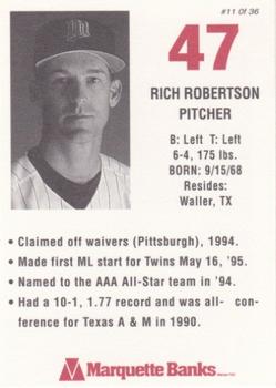1996 Marquette Bank Minnesota Twins #11 Rich Robertson Back