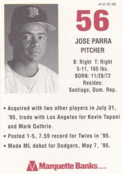 1996 Marquette Bank Minnesota Twins #12 Jose Parra Back