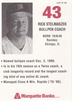 1996 Marquette Bank Minnesota Twins #32 Rick Stelmaszek Back