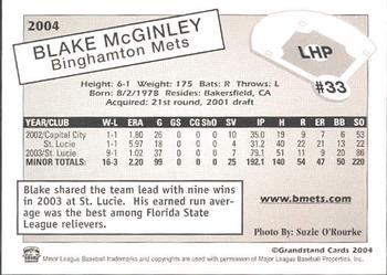2004 Grandstand Binghamton Mets #16 Blake McGinley Back
