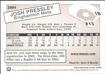 2004 Grandstand Binghamton Mets #23 Josh Pressley Back