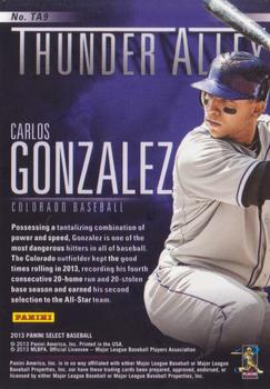 2013 Panini Select - Thunder Alley #TA9 Carlos Gonzalez Back