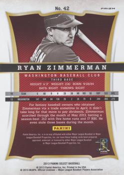 2013 Panini Select - Prizm #42 Ryan Zimmerman Back