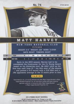 2013 Panini Select - Prizm #74 Matt Harvey Back