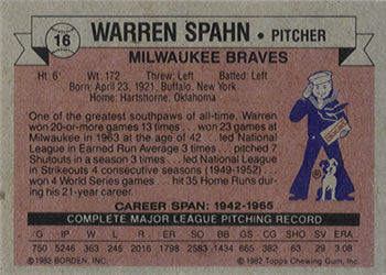1982 Topps Cracker Jack #16 Warren Spahn  Back