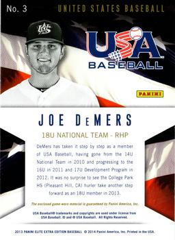 2013 Panini Elite Extra Edition - USA Baseball 18U Game Jerseys #3 Joe DeMers Back
