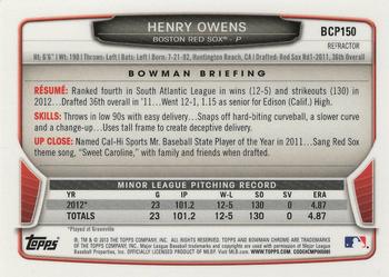 2013 Bowman Chrome - Prospects Green Refractors #BCP150 Henry Owens Back
